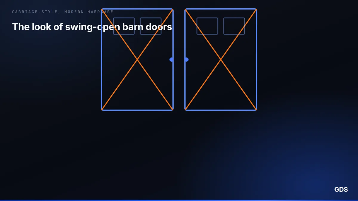 Diagram of a two-panel carriage-style garage door with diagonal cross-bracing and small window inserts
