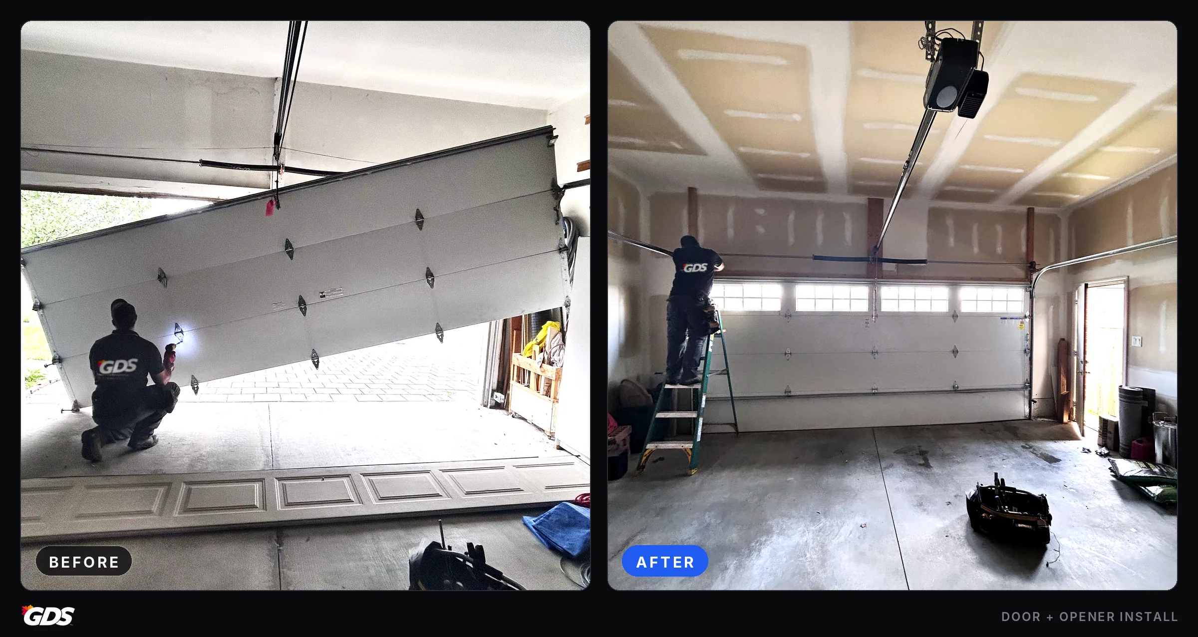 Before and after of a garage door replacement in London, Ontario: old raised-panel door removed, new insulated door and opener installed